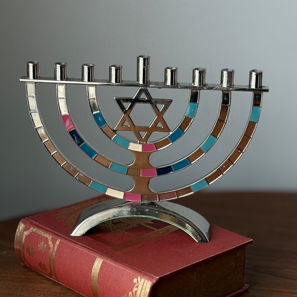 Silver-Tone Enamel Menorah with Multicolor Inlays - Picture 12 of 15